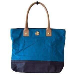 Tory Burch Jaden Tote Blue Canvas Coconut Tan Leather Shopper Bag